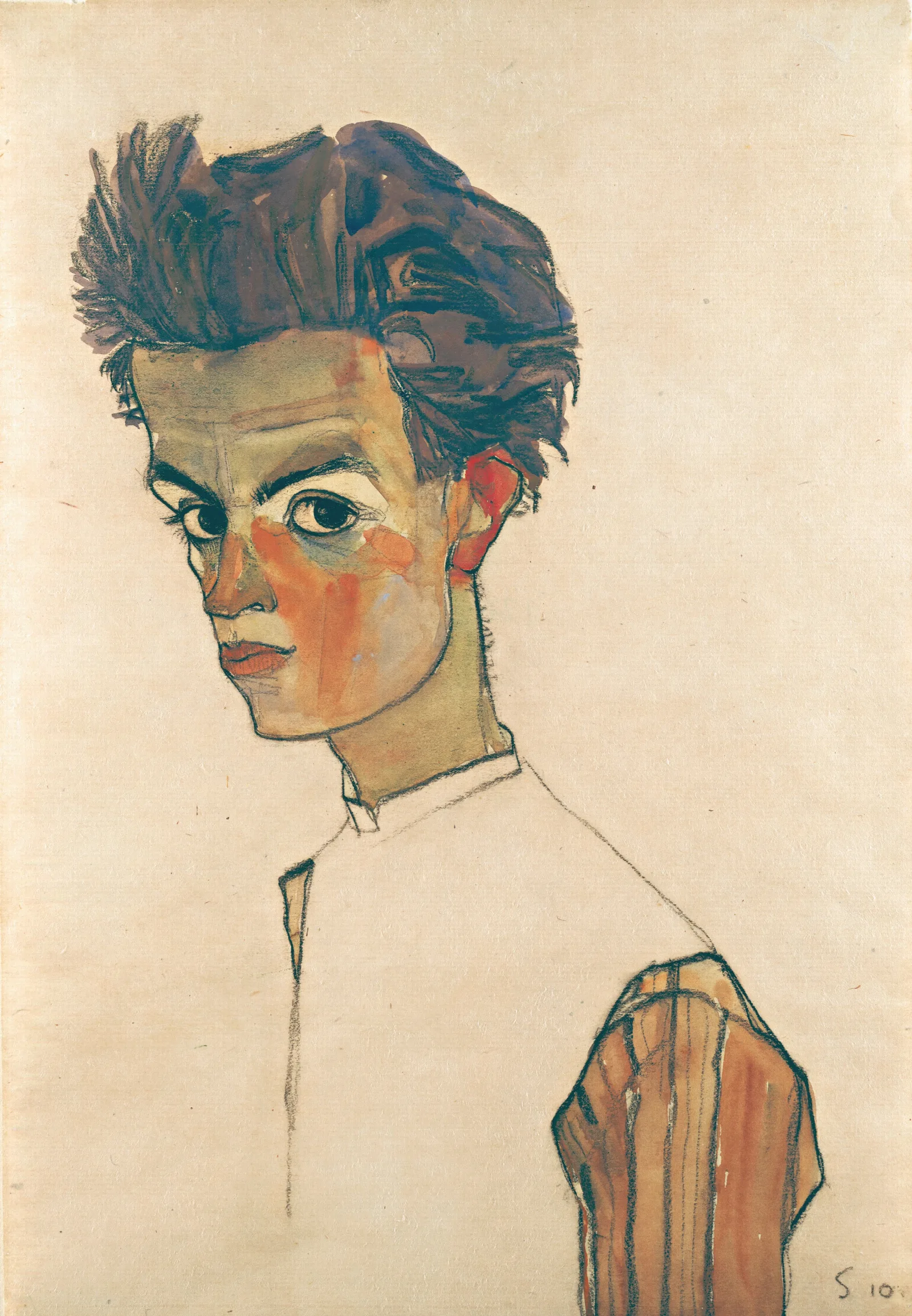 Self Portrait With Striped Shirt Wall Art by Egon Schiele - Canvas Print