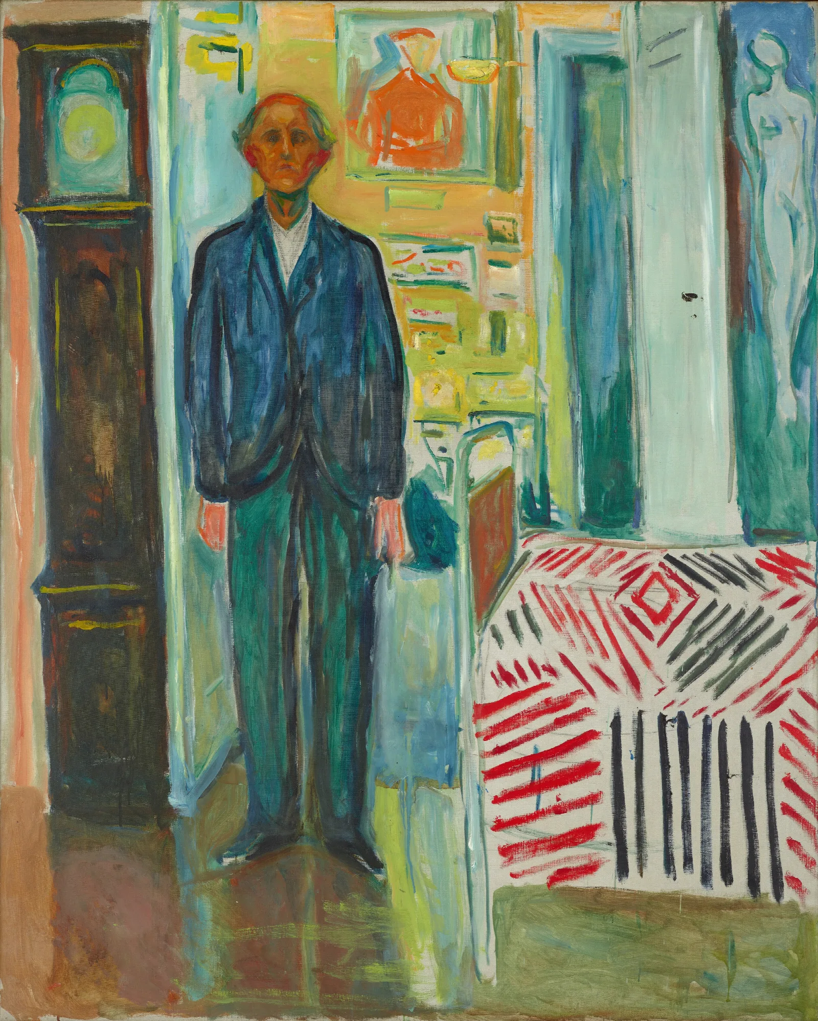 Self Portrait Between The Clock And The Be Wall Art by Edvard Munch - Canvas Print