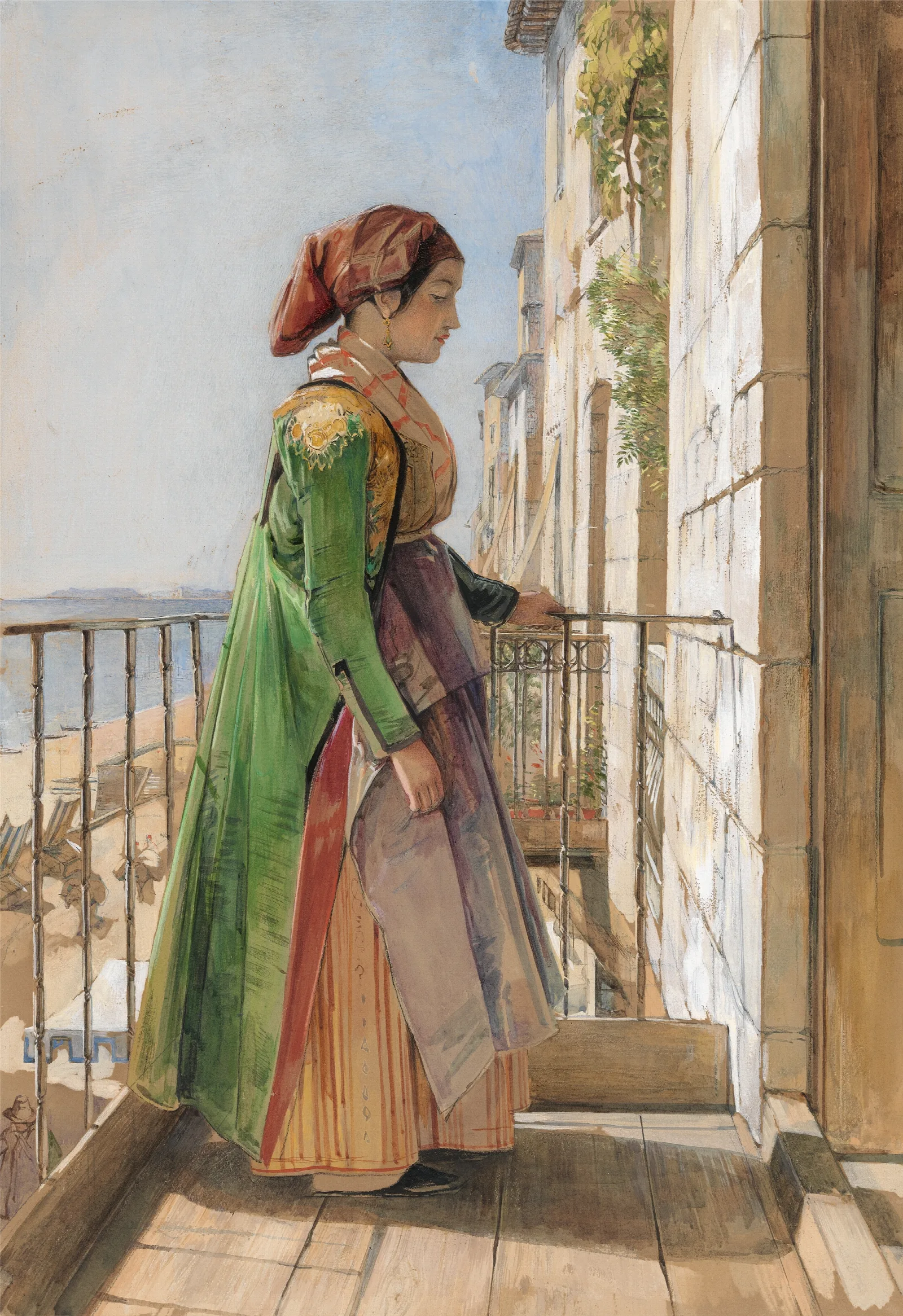 A Greek Girl Standing On A Balcony 1840 Wall Art by John Frederick Lewis - Canvas Print