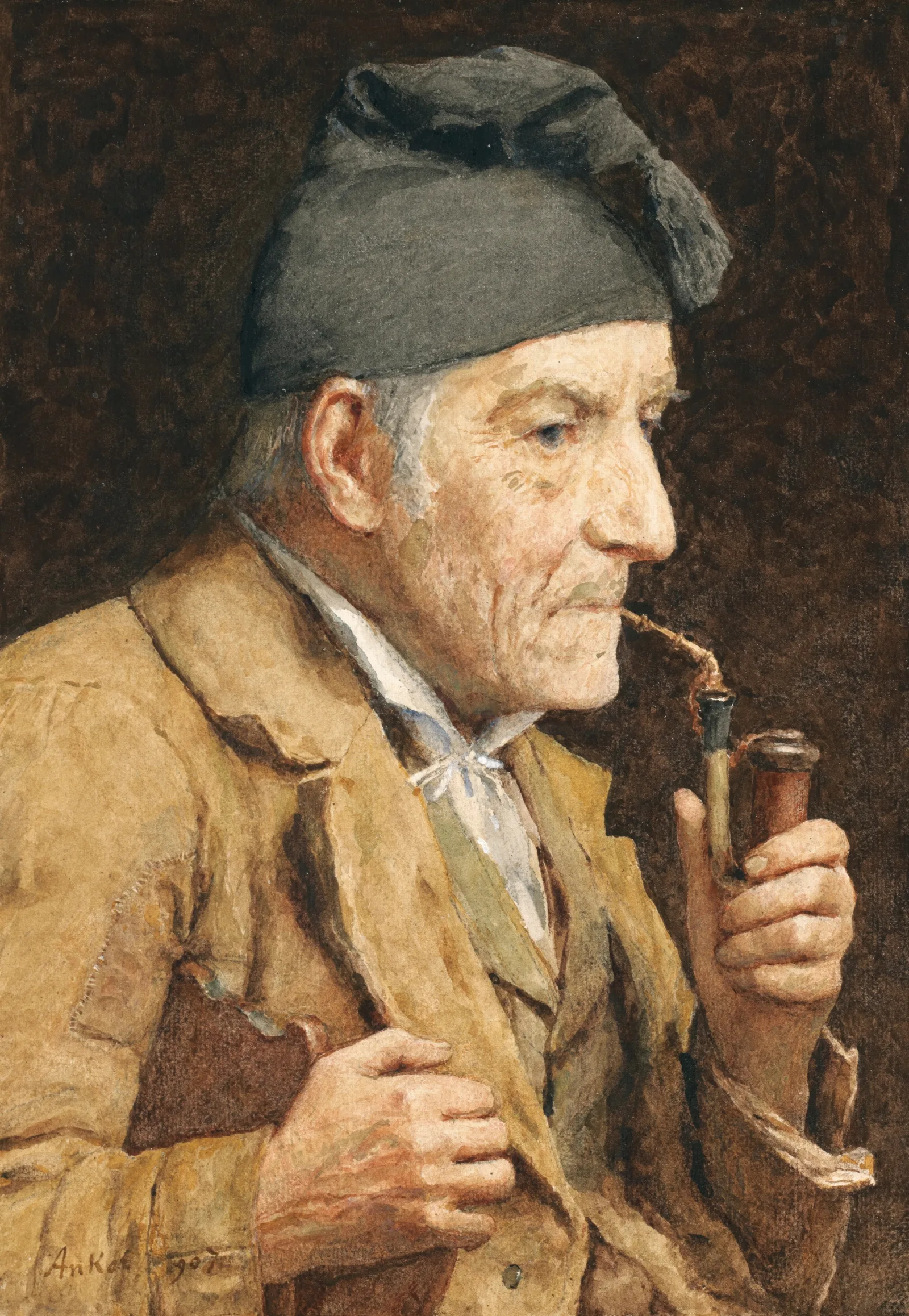 Old Man Smoking His Pipe Wall Art by Albert Anker - Canvas Print