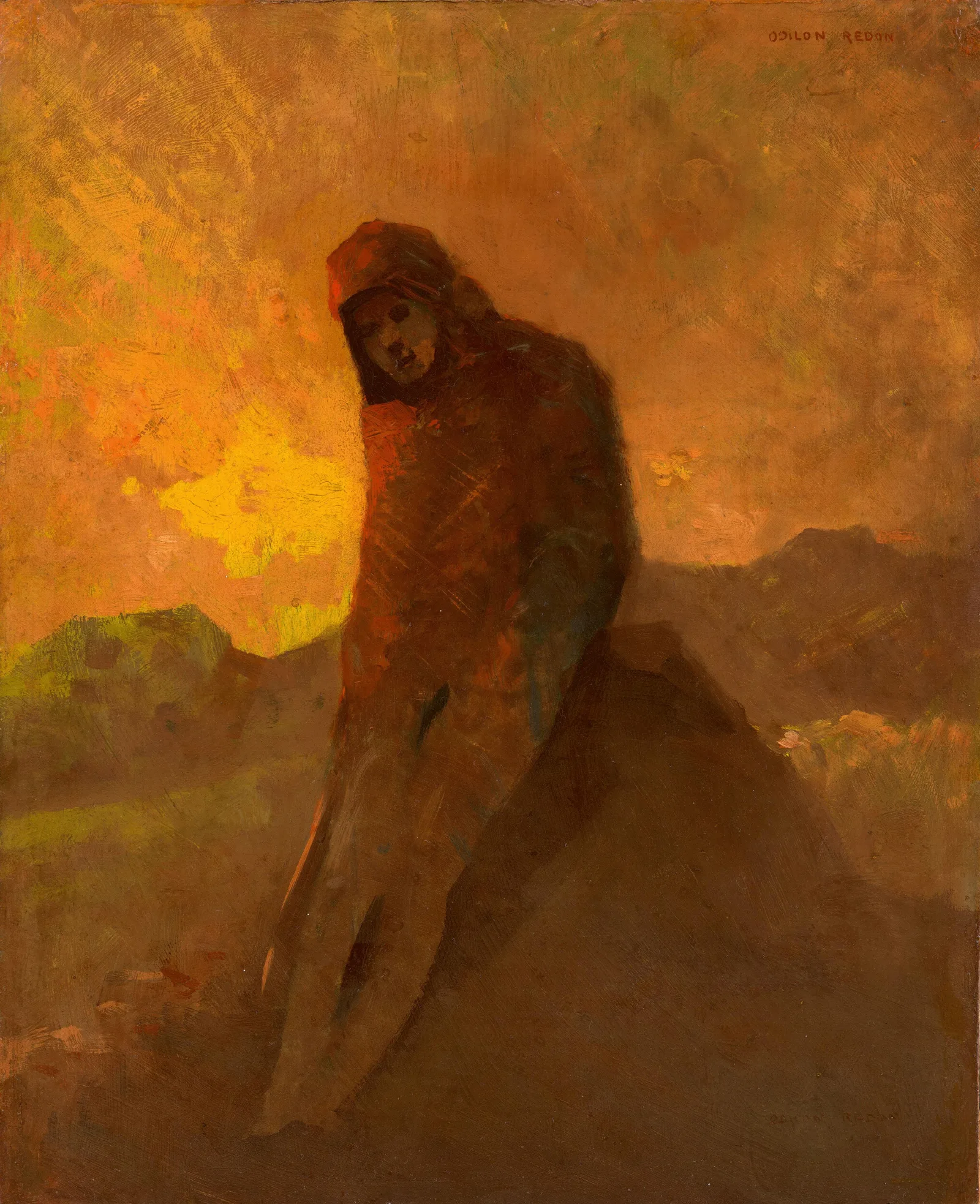 Figure En Rouge Assise Sur Un Rocher Wall Art by Odilon Redon - Canvas Print
