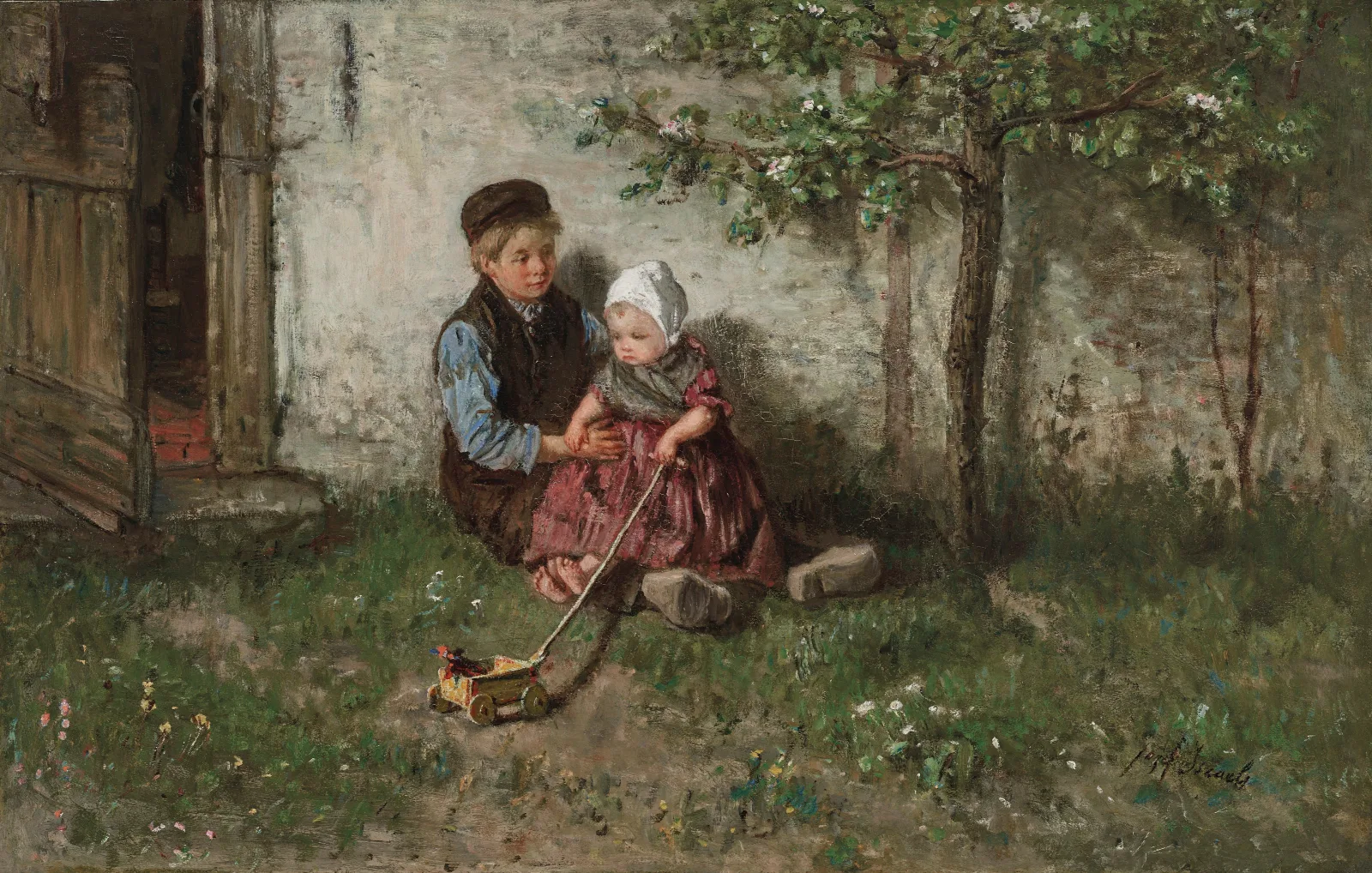 Children Playing With A Toy Wagon Wall Art by Jozef Israëls - Canvas Print