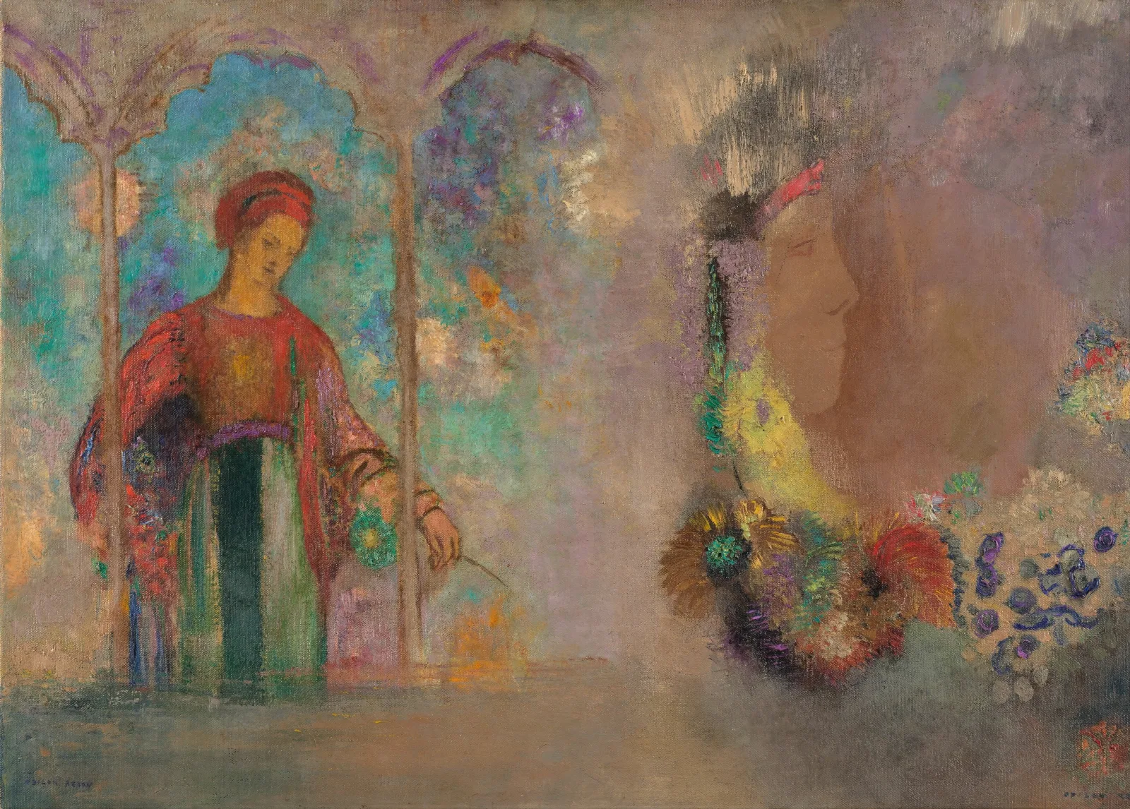 Woman In A Gothic Arcade Woman With Flowers Wall Art by Odilon Redon - Canvas Print