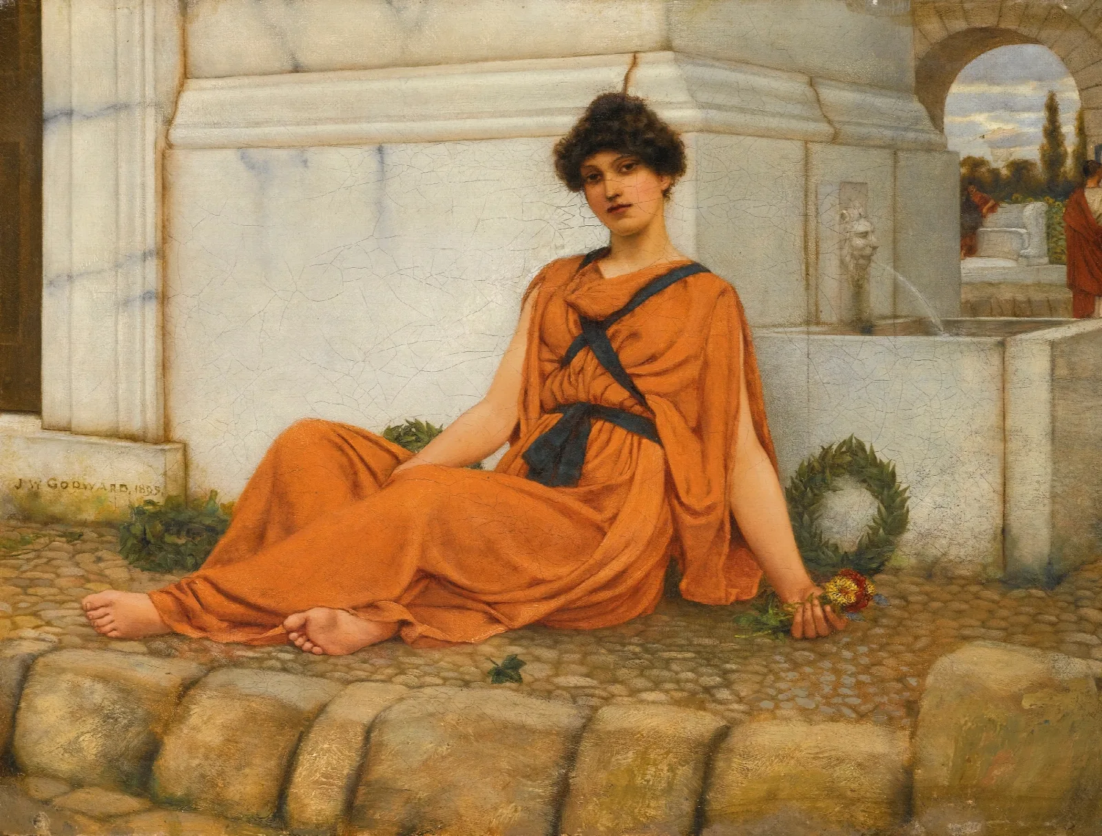 Reposethe Flower Girl Wall Art by John William Godward - Canvas Print