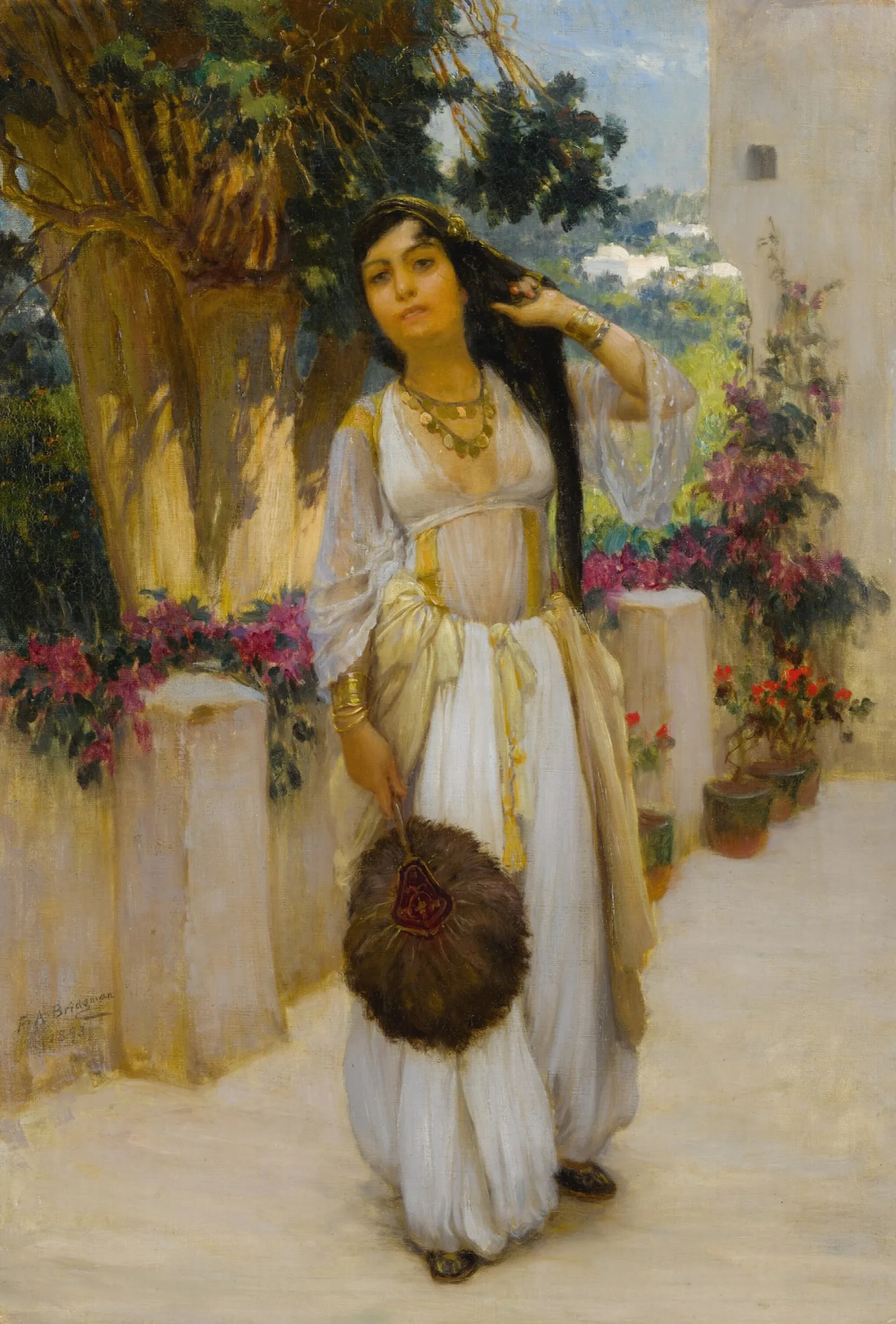 Woman Of Algiers On A Veranda Wall Art by Frederick Arthur Bridgman - Canvas Print