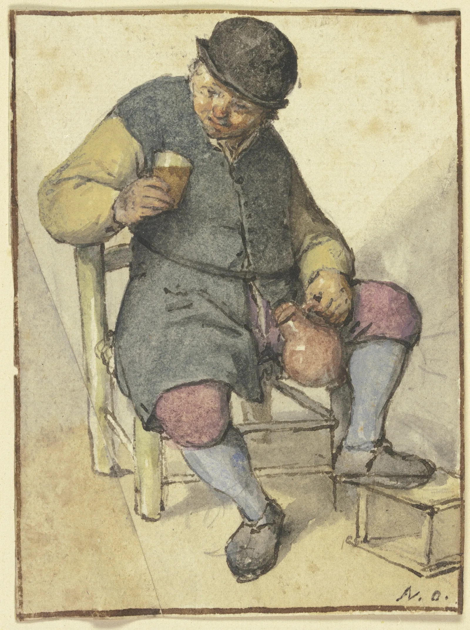Sitzender Bauer Von Vorn Mit Krug Und Glas Wall Art by Adriaen van Ostade - Canvas Print