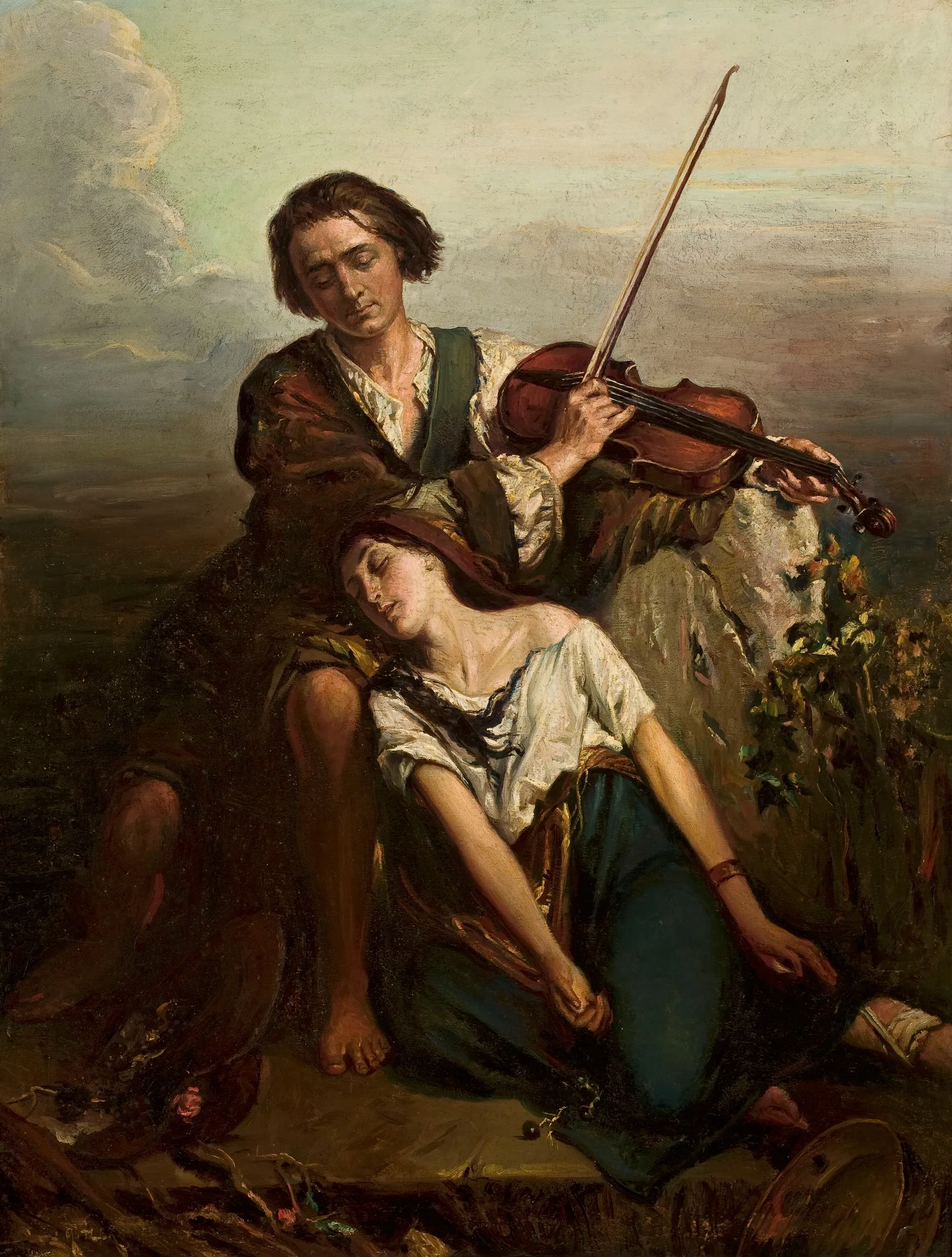 Fiddler And A Gypsy Woman Consolation Wall Art by Louis Gallait - Canvas Print
