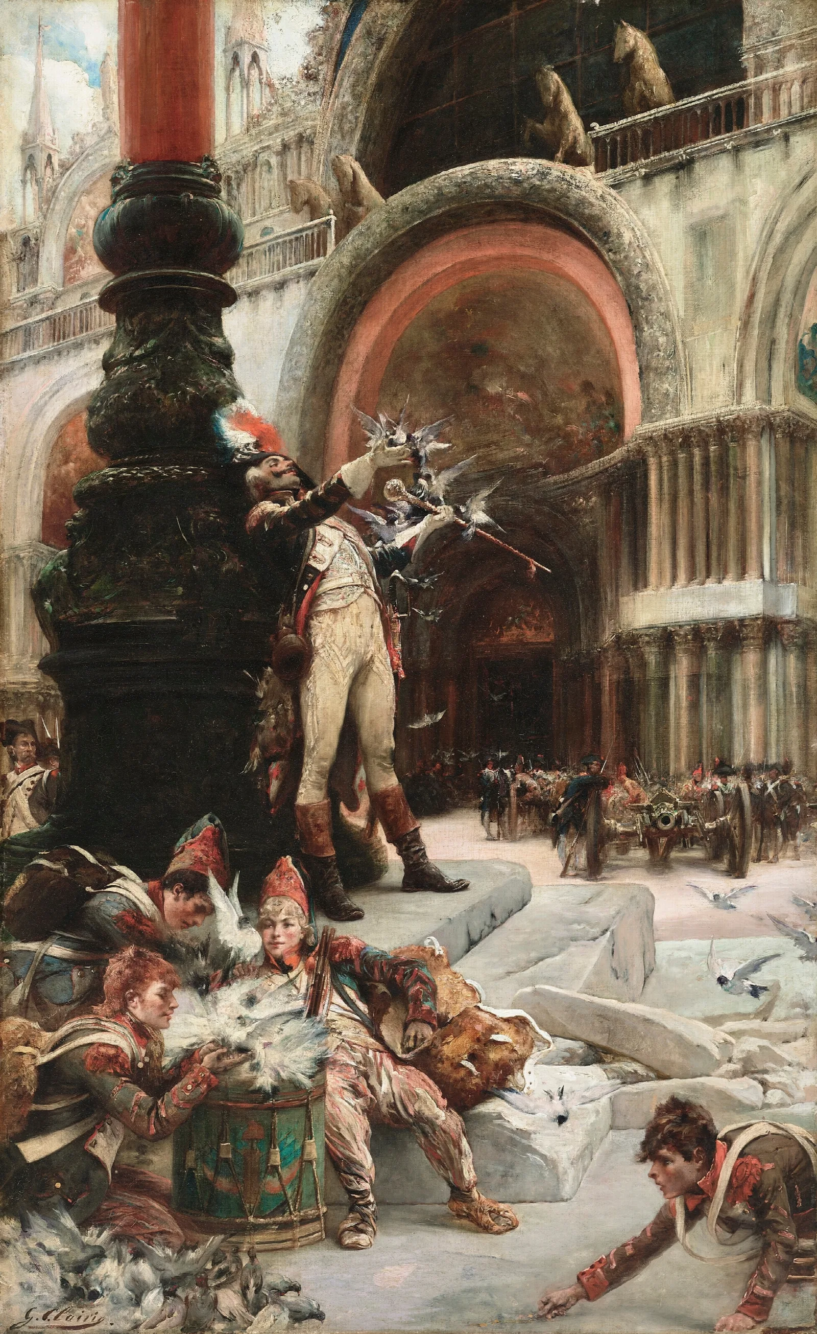 Tambour Major De Larmee Francaise Donnant A Manger Aux Pigeons De La Place Saint Marc A Venise Wall Art by Georges Jules Victor Clairin - Canvas Print