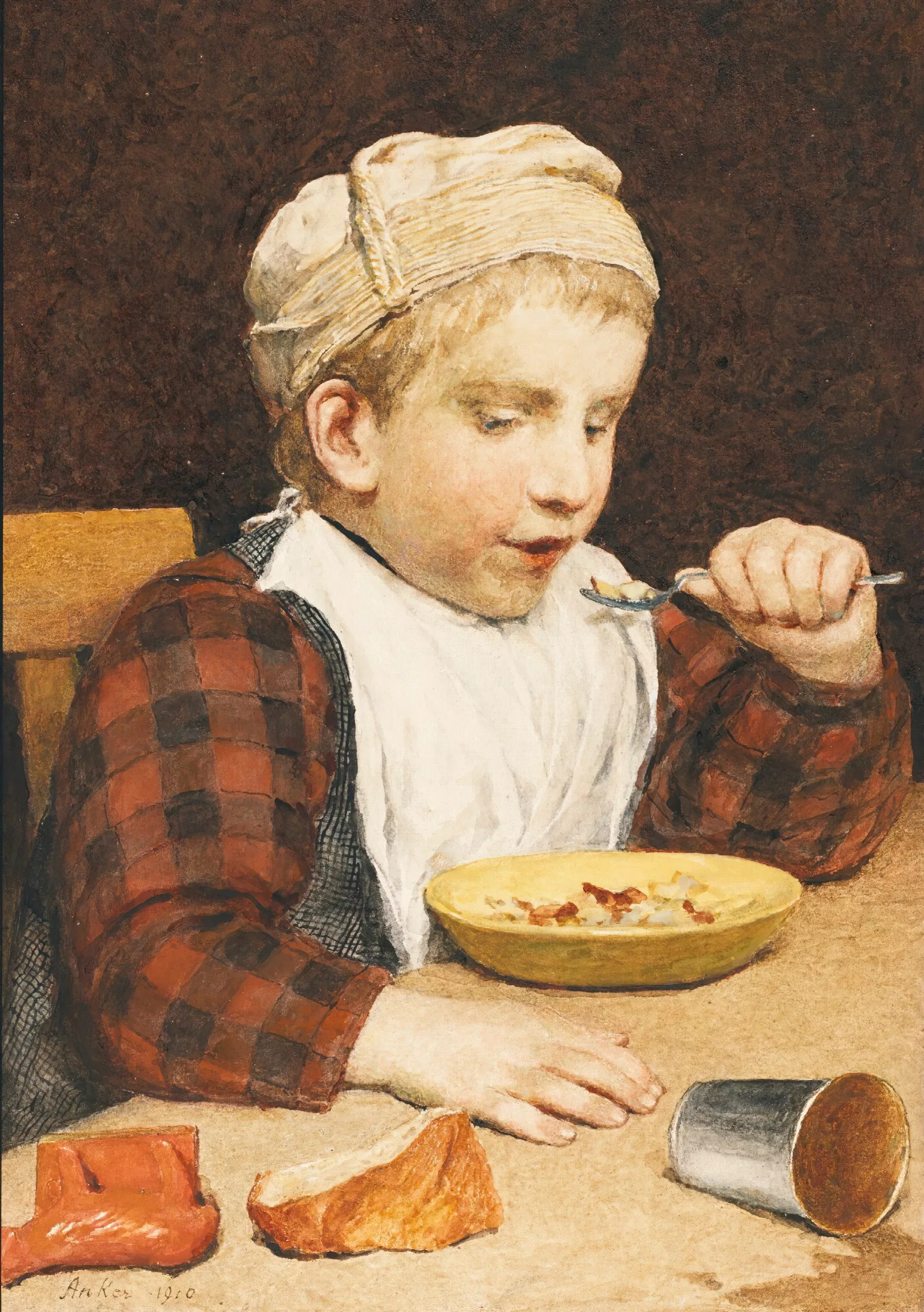 Knabe Mit Mutze Beim Essen Wall Art by Albert Anker - Canvas Print