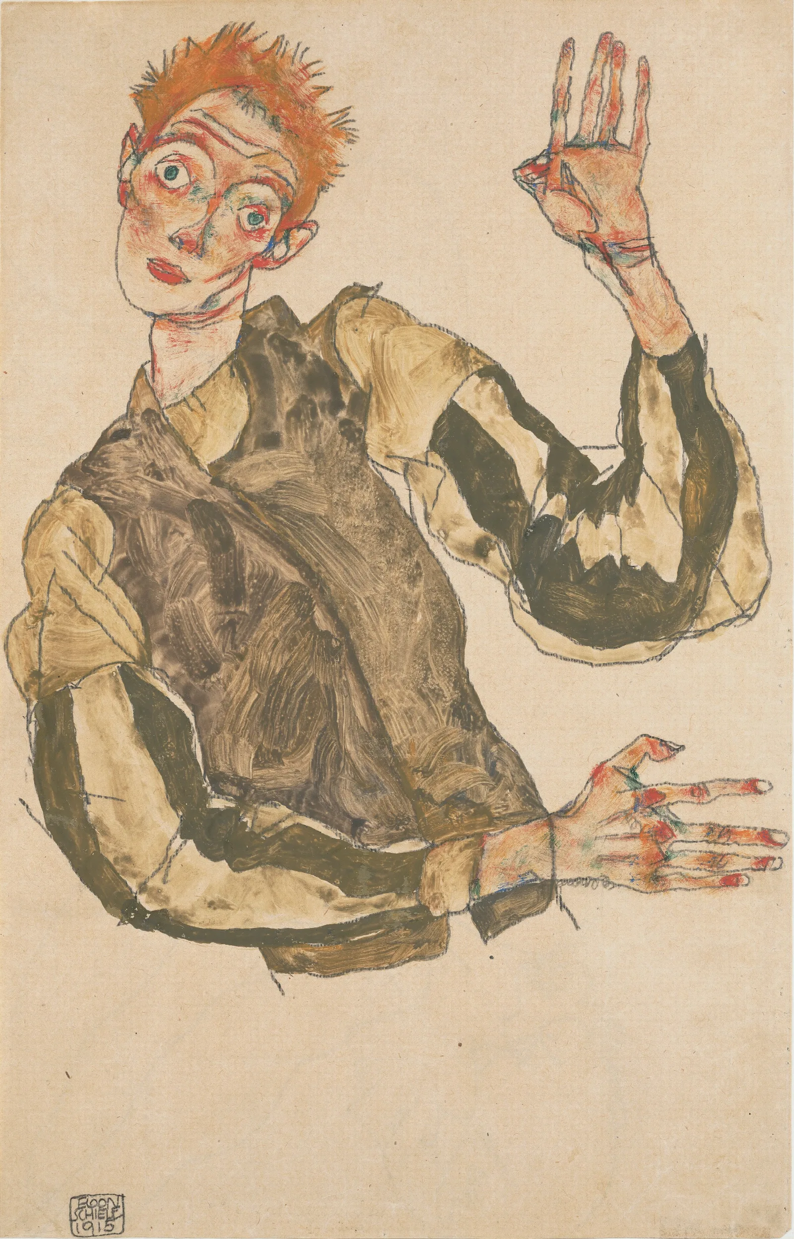 Self Portrait With Striped Sleeves Wall Art by Egon Schiele - Canvas Print