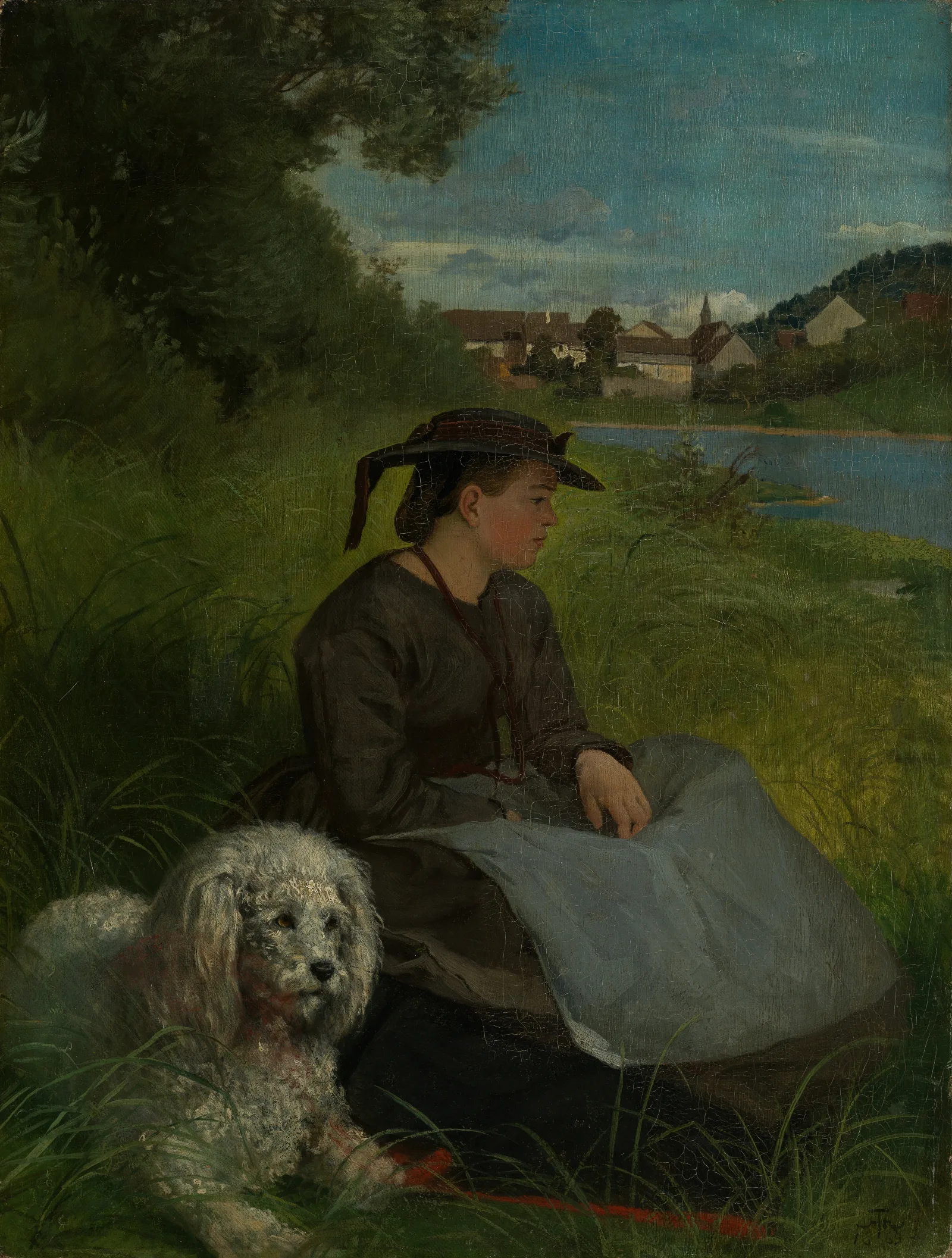 Agathe With White Dog Wall Art by Hans Thoma - Canvas Print