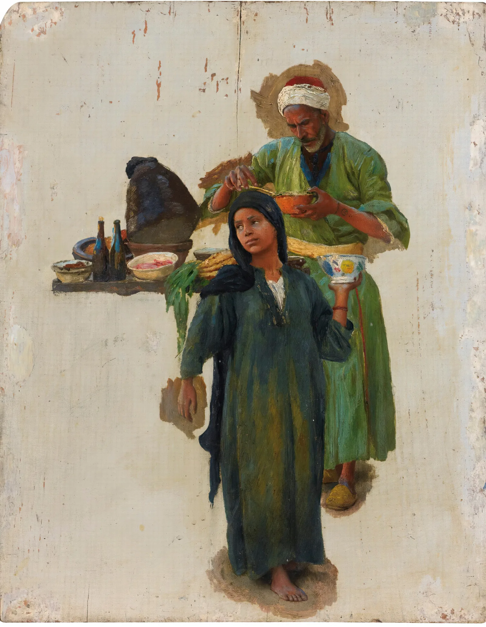 Study Of A Man And A Girl Holding A Bowl Wall Art by Ludwig Deutsch - Canvas Print