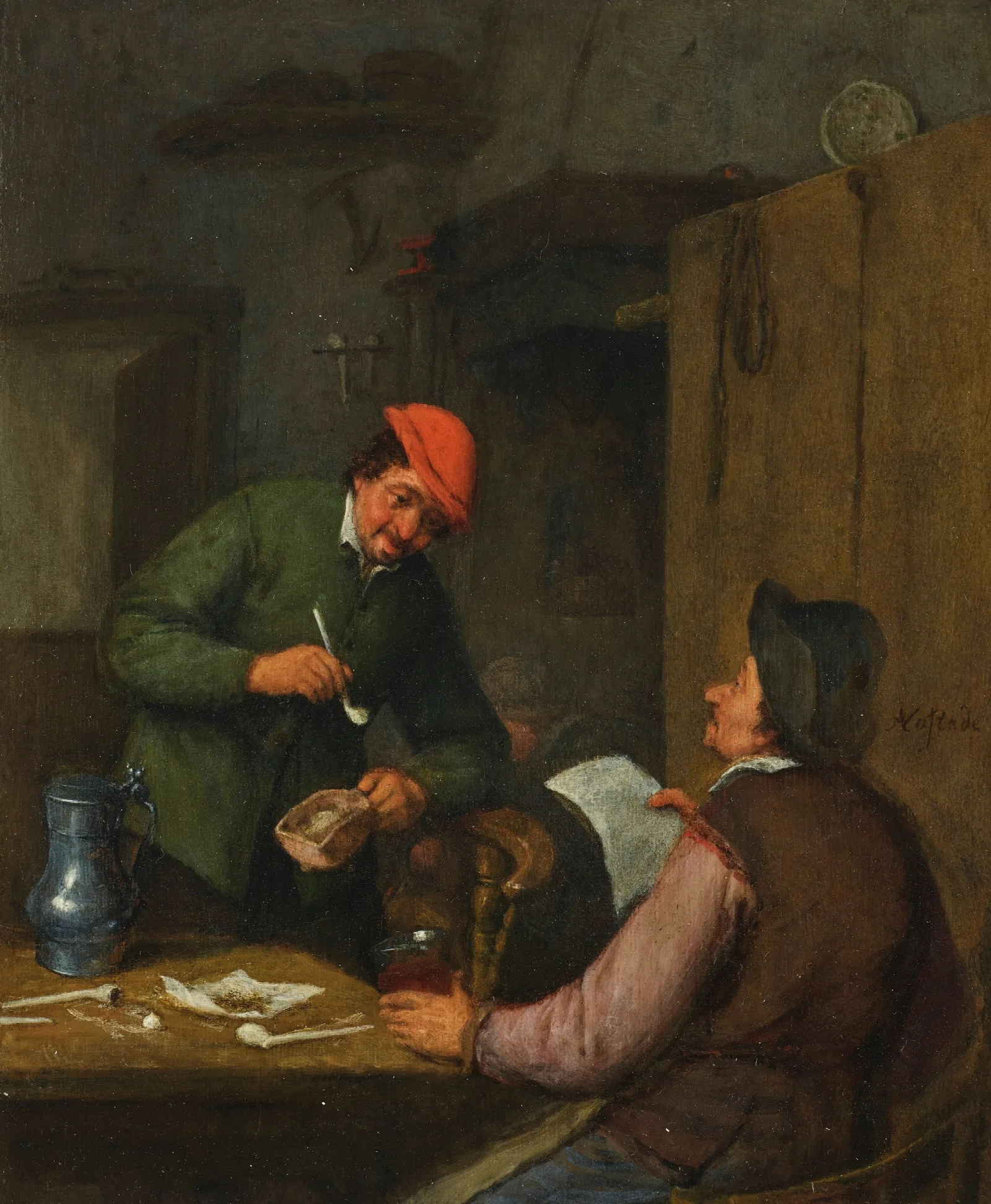 Two Peasants Smoking Drinking And Reading At An Inn Wall Art by Adriaen van Ostade - Canvas Print