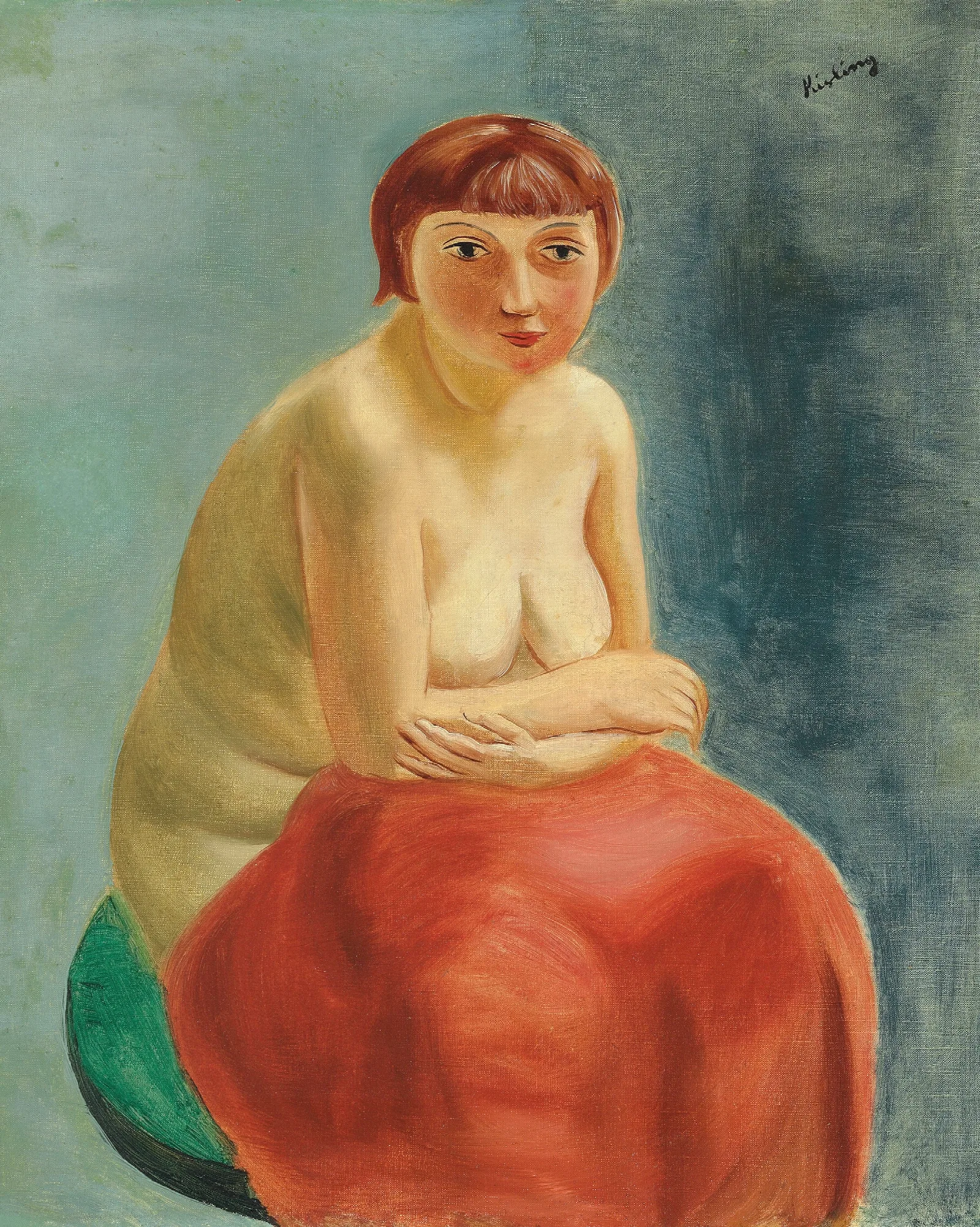 Nu Assis A La Draperie Rouge Wall Art by Moïse Kisling - Canvas Print
