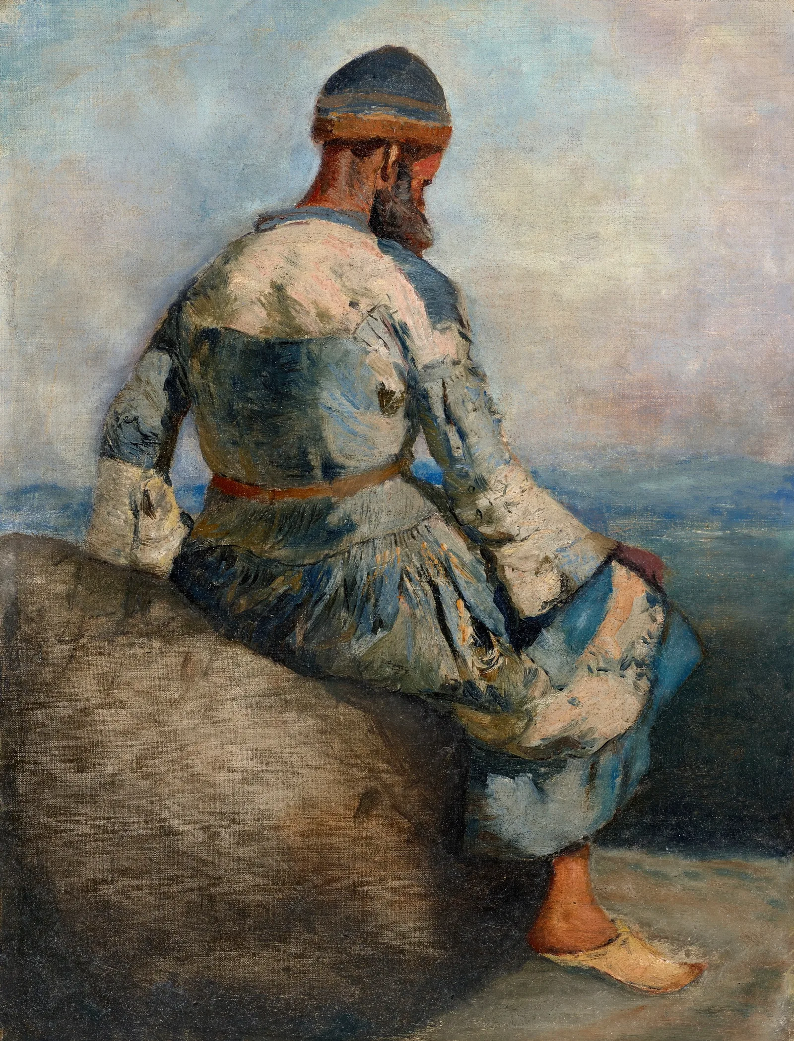 Persian Peasant Seated Atop A Rock Wall Art by Edwin Lord Weeks - Canvas Print