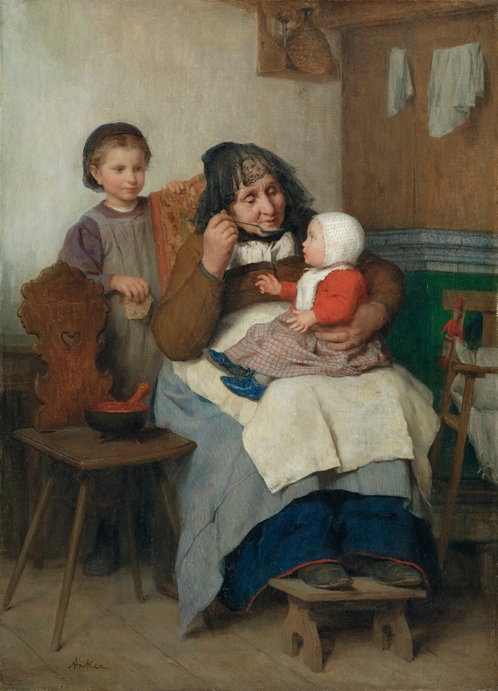Grandmother Spooning The Soup To Her Grandchild Wall Art by Albert Anker - Canvas Print