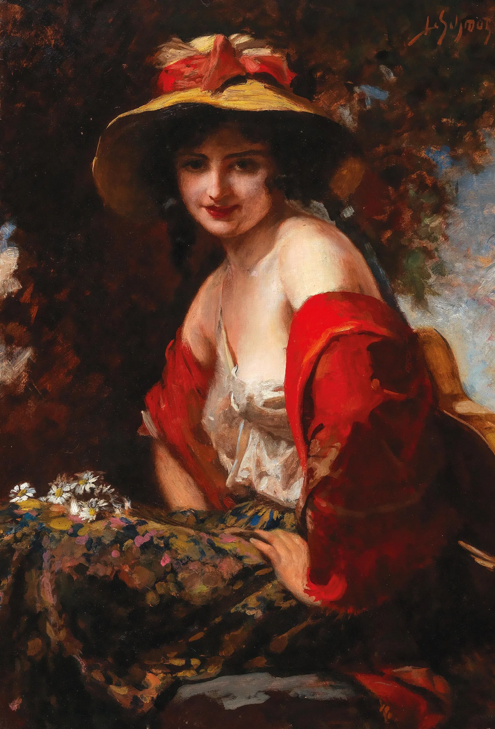 A Young Lady With A Straw Hat Wall Art by Leopold Schmutzler - Canvas Print