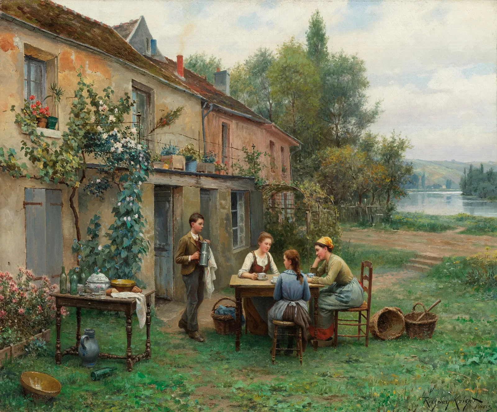 Coffee In The Garden Wall Art by Daniel Ridgway Knight - Canvas Print