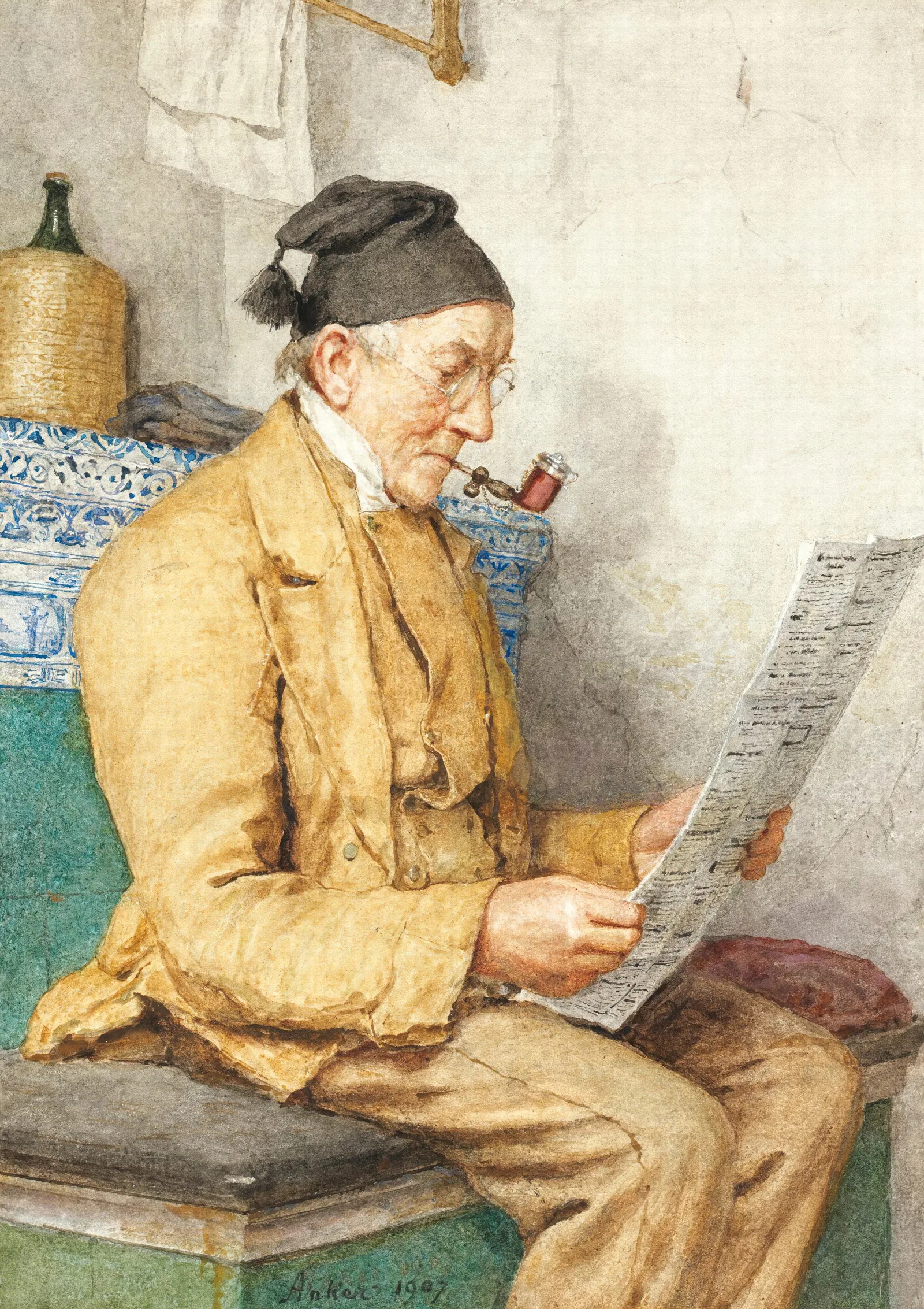 Reading Farmer Sitting By The Tiled Stove Wall Art by Albert Anker - Canvas Print
