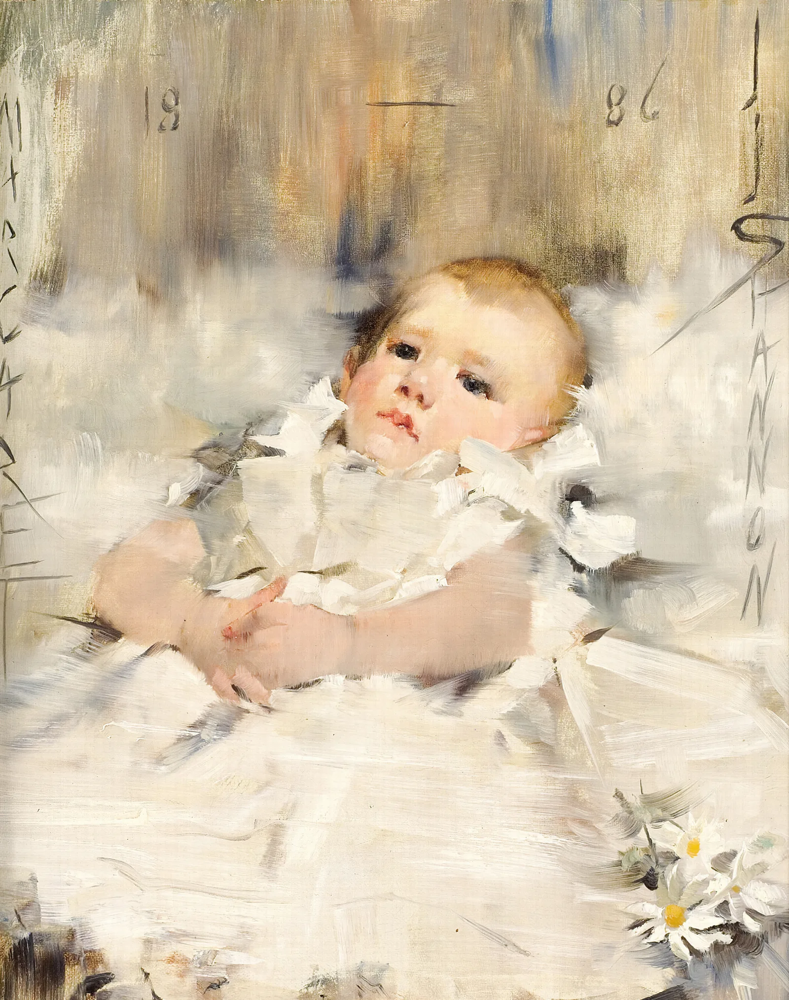 Baby In A Ruffled Dress Wall Art by James Jebusa Shannon - Canvas Print