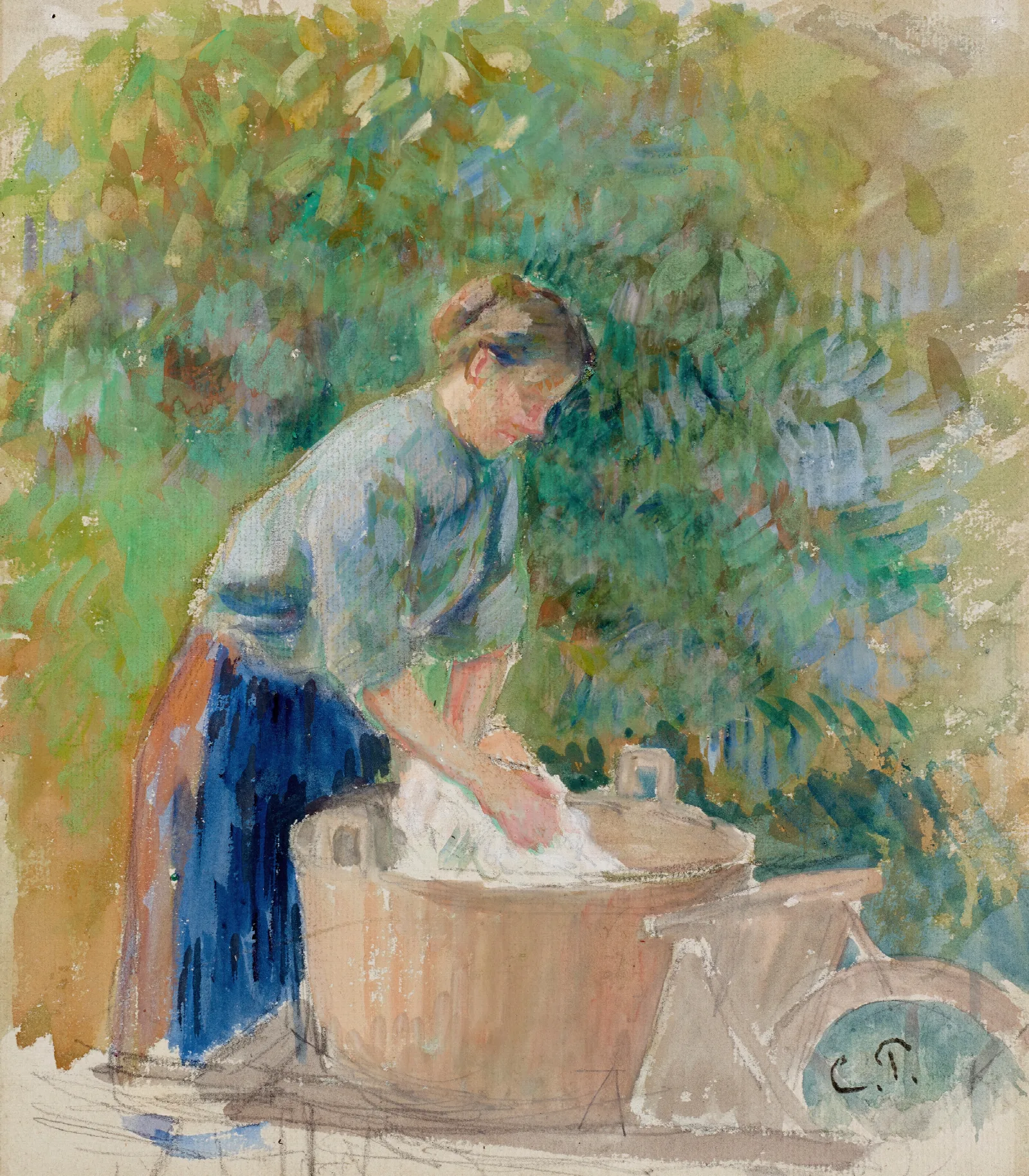 Femme Lavant Du Linge Dans Un Baquet Wall Art by Camille Pissarro - Canvas Print