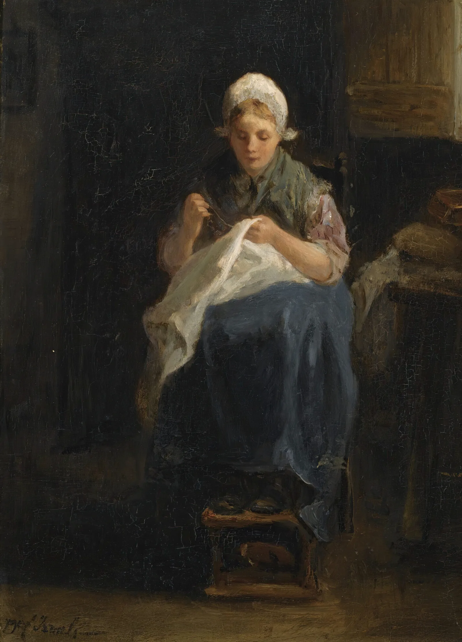 A Peasant Girl Sewing Wall Art by Jozef Israëls - Canvas Print