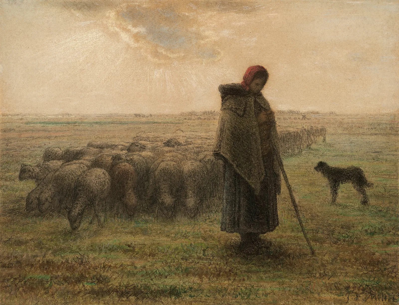 Shepherdess And Her Flock 2 Wall Art by Jean-François Millet - Canvas Print