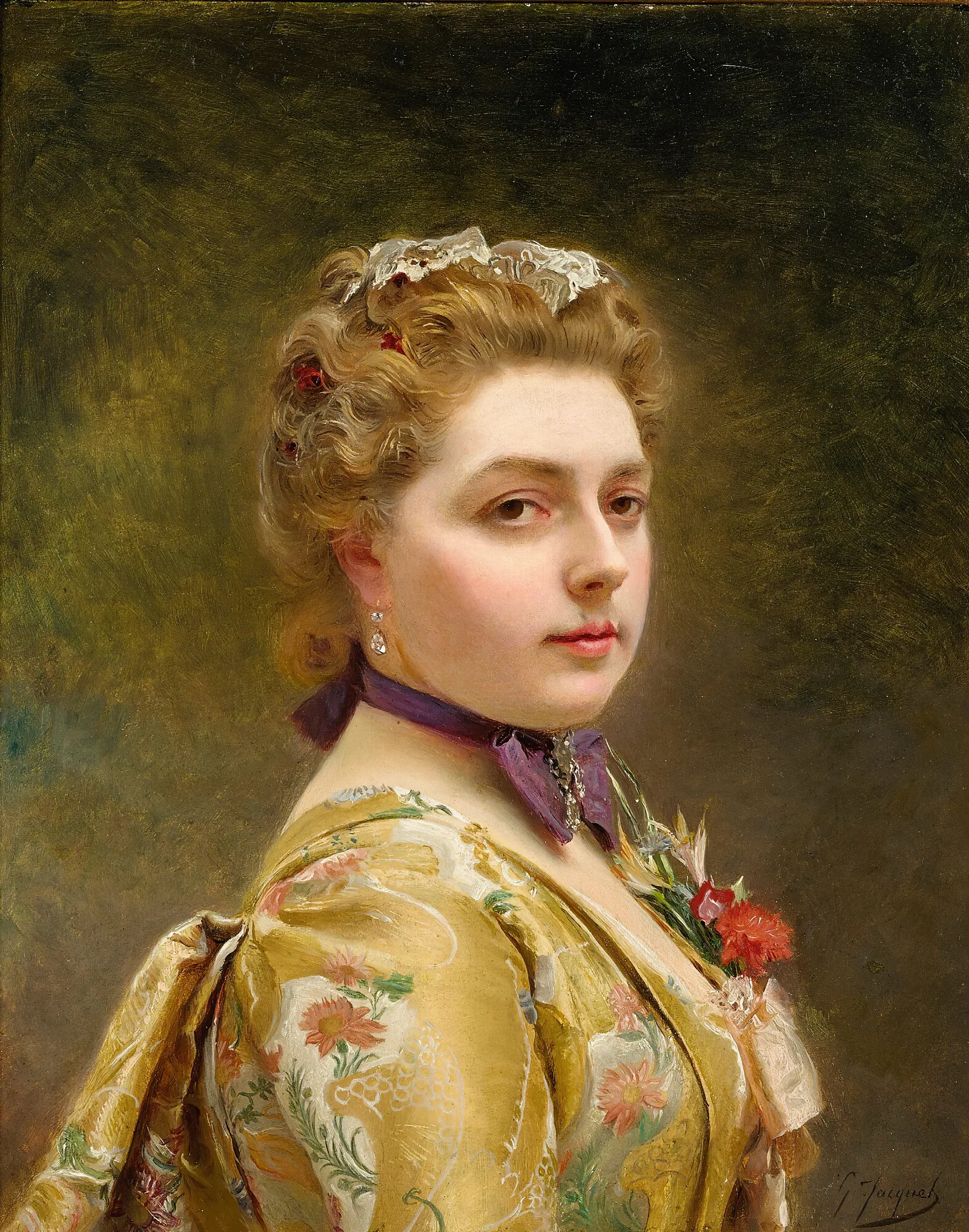 A Lady In A Golden Gown Wall Art by Gustave Jean Jacquet - Canvas Print