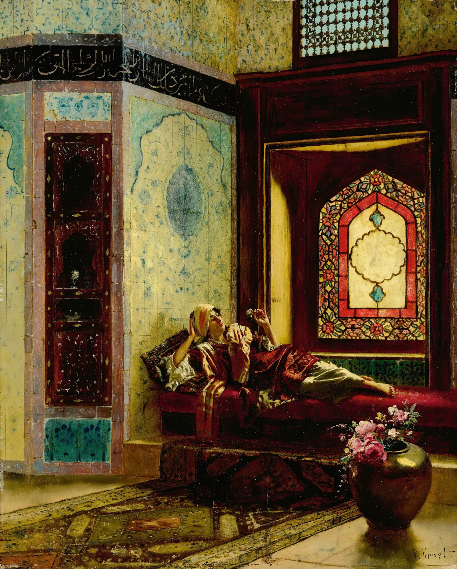 Languorous Oriental Lady With A Rose Wall Art by Rudolf Ernst - Canvas Print