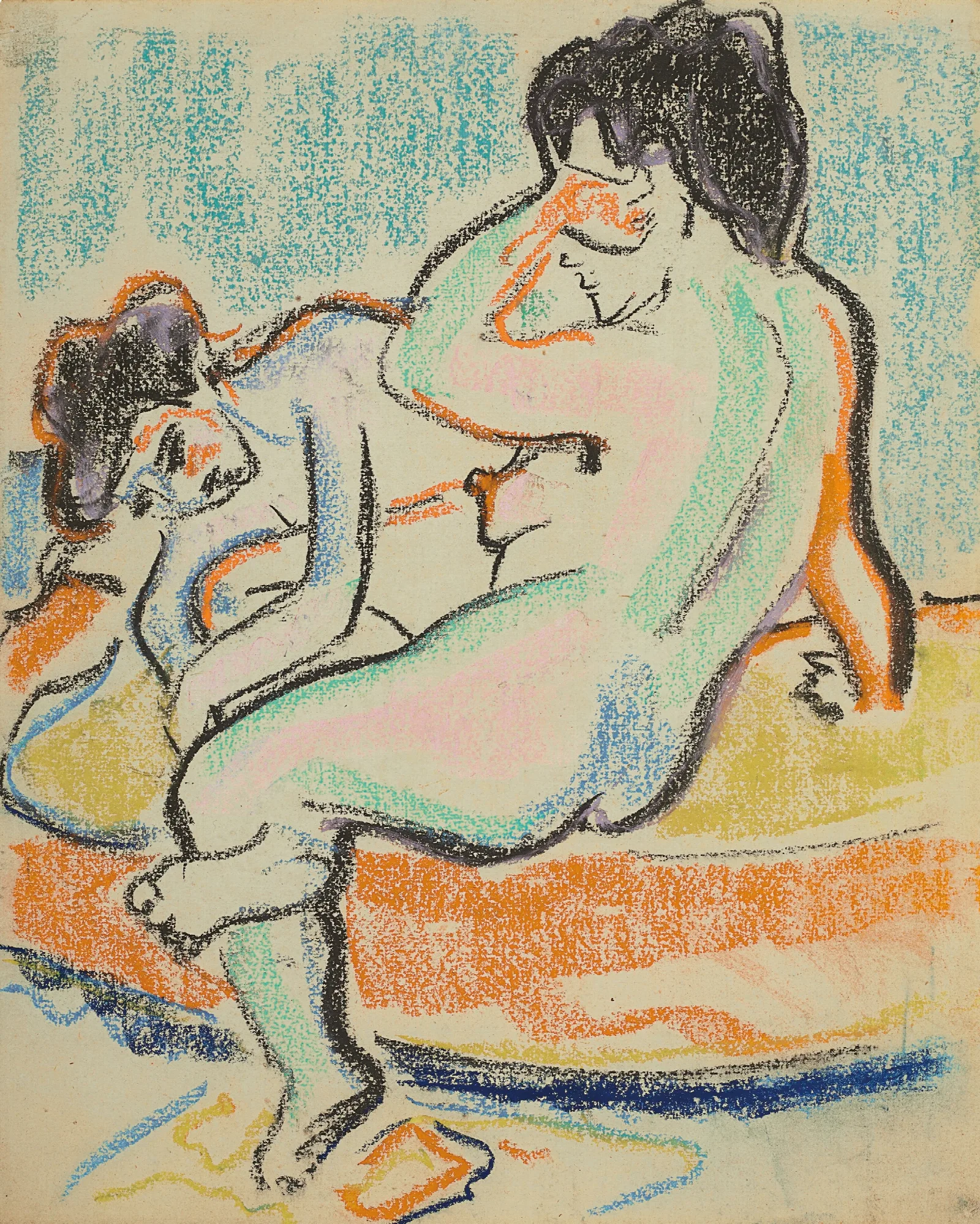 Sitzender Und Liegender Akt Auf Bett Wall Art by Ernst Ludwig Kirchner - Canvas Print