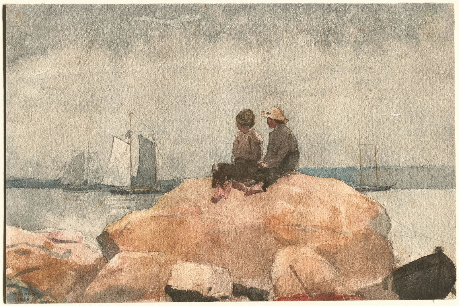 Two Boys Watching Schooners Wall Art by Winslow Homer - Canvas Print