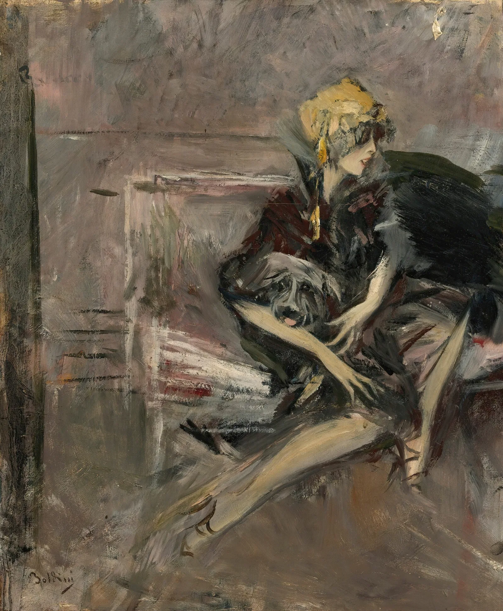 Lady In A Yellow Hat With Her Dog The Marchesa Casati Wall Art by Giovanni Boldini - Canvas Print