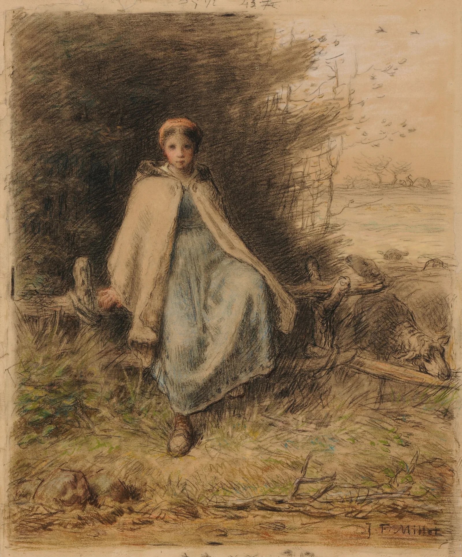 Jeune Bergere Assise Sur Une Barriere Wall Art by Jean-François Millet - Canvas Print