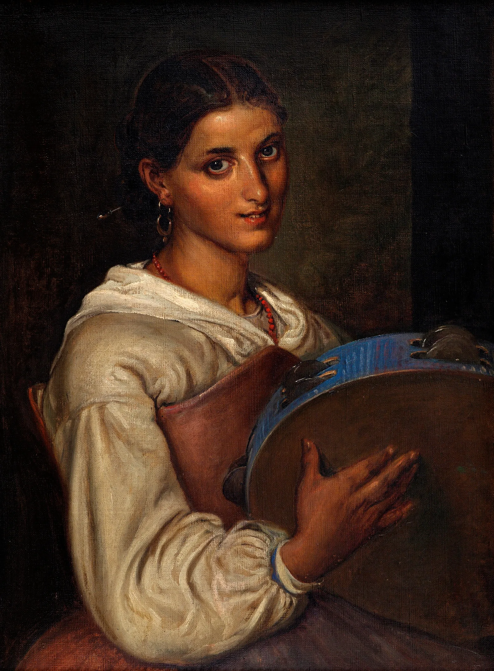 Italian Girl With A Blue Tambourine Wall Art by Wilhelm Marstrand - Canvas Print