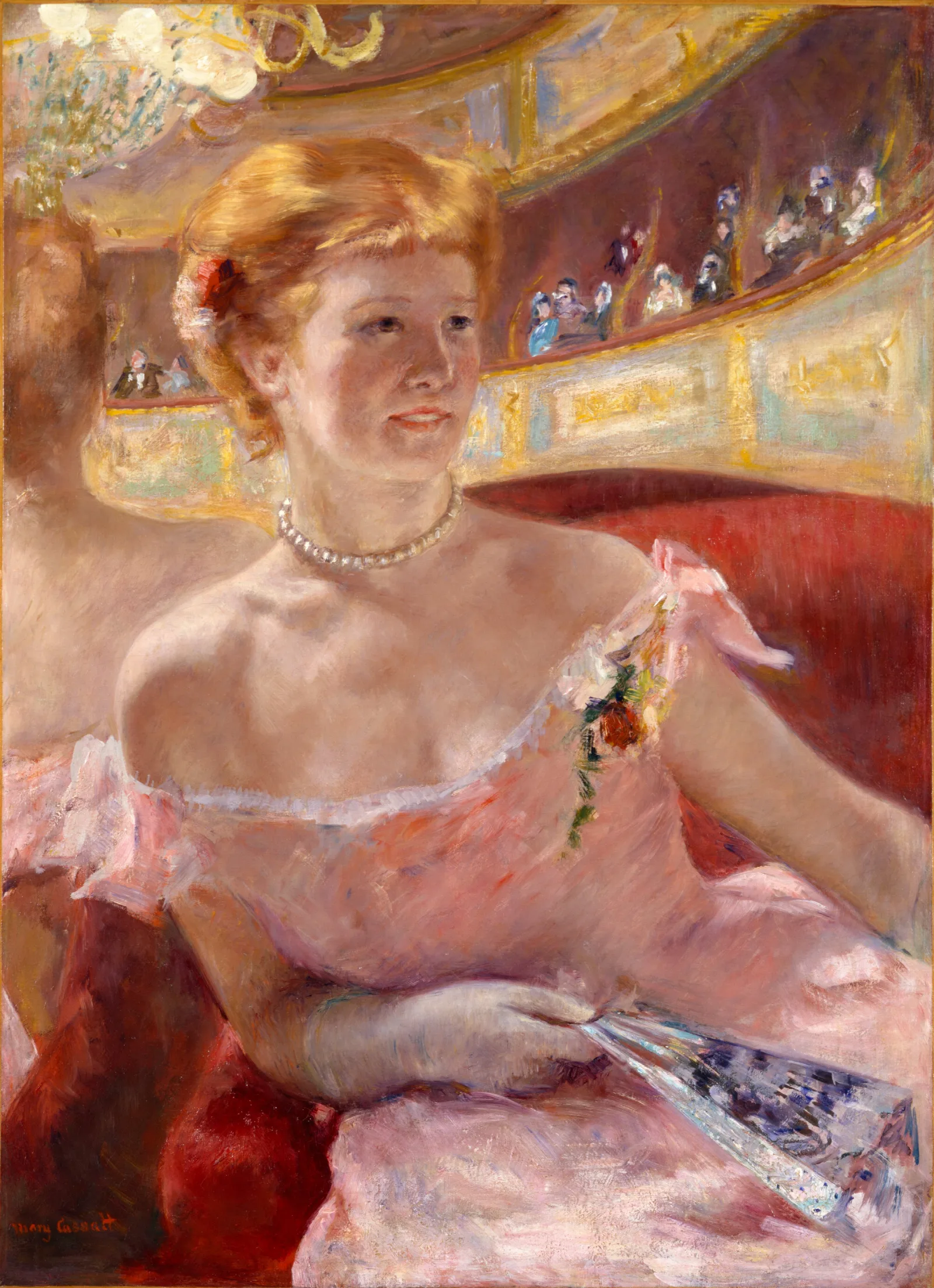 Woman With A Pearl Necklace In A Loge Wall Art by Mary Cassatt - Canvas Print