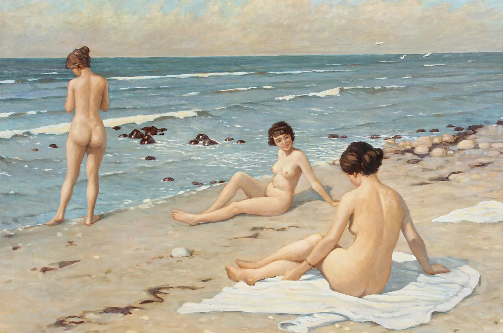 Strandparti Med Badende Kvinder Kopi Wall Art by Paul Fischer - Canvas Print