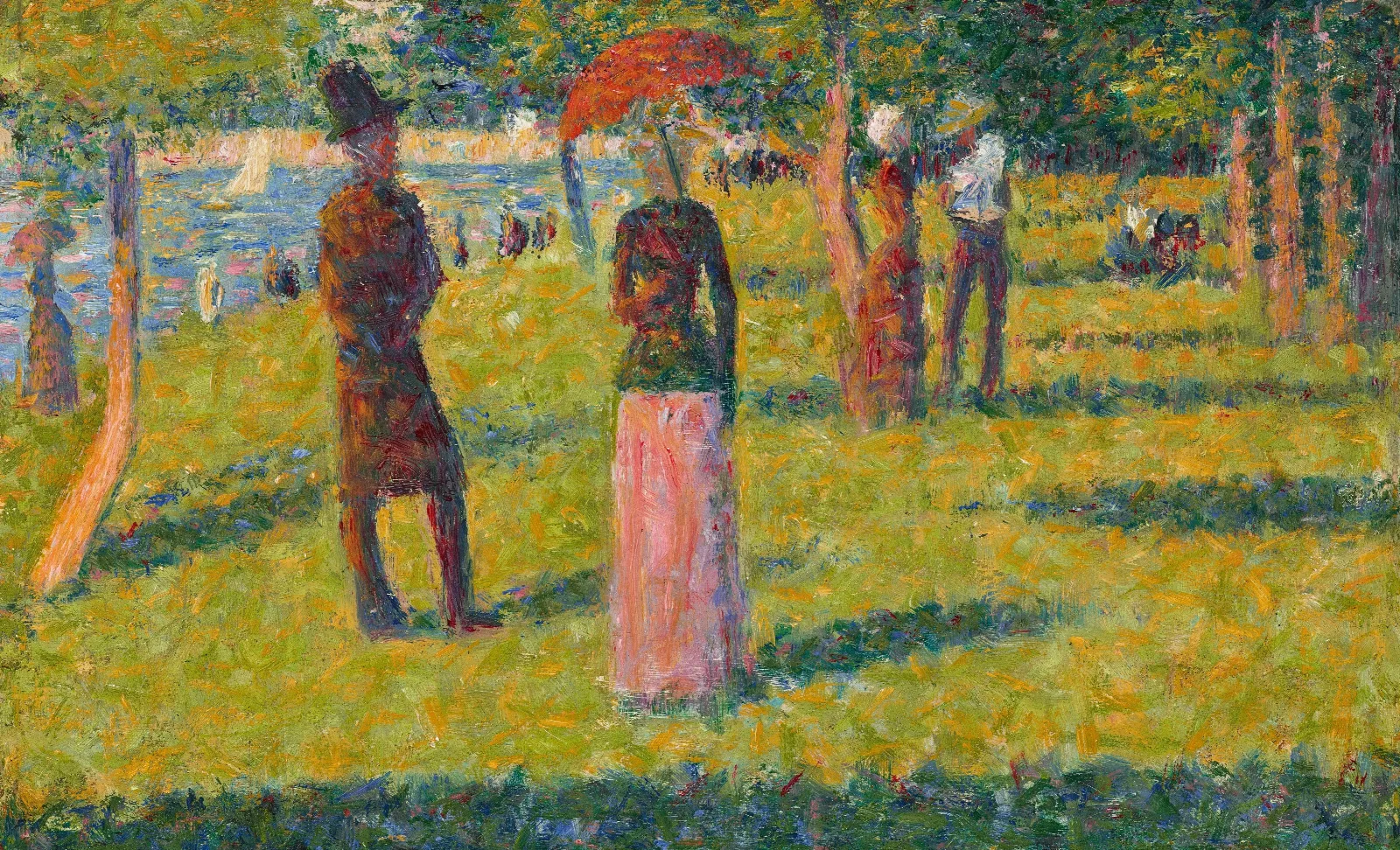 Paysage Et Personnages La Jupe Rose Wall Art by Georges Seurat - Canvas Print