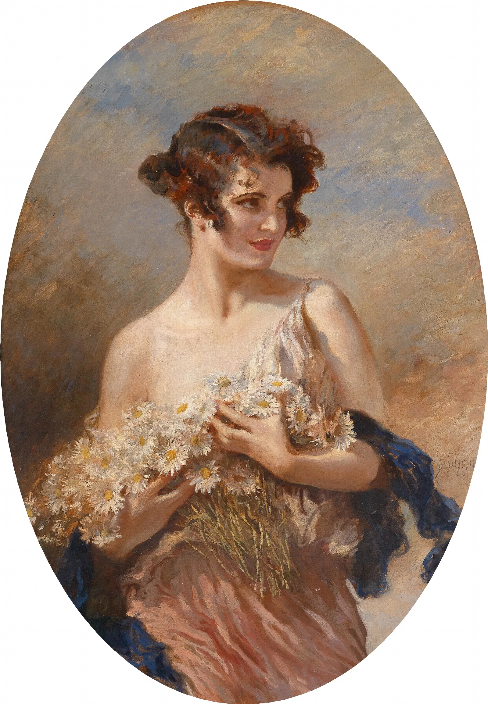 Dame Mit Margeritenstraus Wall Art by Leopold Schmutzler - Canvas Print
