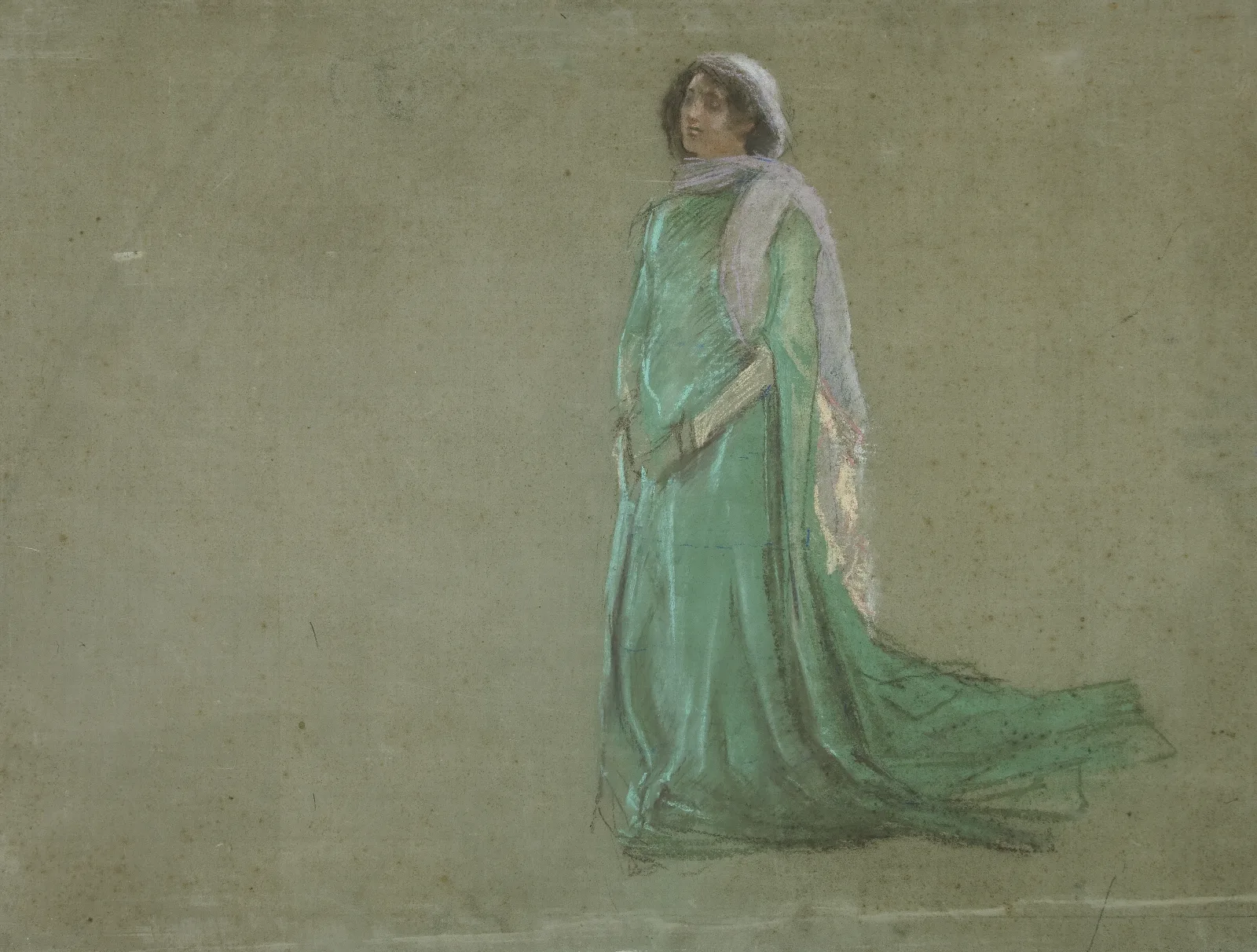 Study Woman In Long Green Dress Pink Scarf Wall Art by Edwin Austin Abbey - Canvas Print