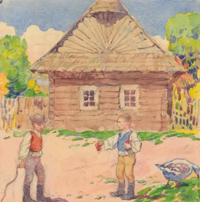13 Two Men In Front Of A Log House