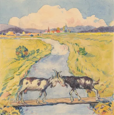 17 Meeting Of Two Goats On A Narrow Footbridge Over A Brook