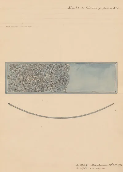 17th Century Metal Plate For A Cartridge Case In The Collection Of The National Museum In Warsaw In 1923 Front View With A Fragment Of The Pattern And Top View