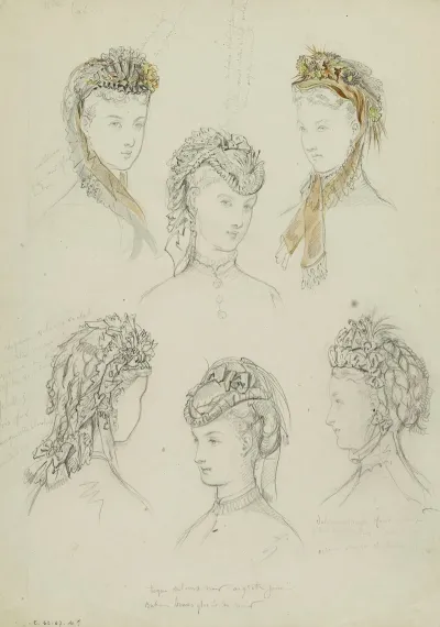 6 Tetes Feminines Avec Coiffes De Dentelle Rubans Plumes Et Fleurs