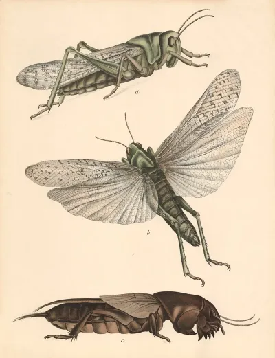 A B Wanderheuschecke Acridium Migratorium A Sitzend B Fliegend C Maulwuefsgrille Gryllotalpa Vulgaris