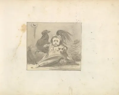 A Baby In 16th Century Dress With A Rooster And A Dog
