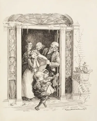 A Baby Representing The New Year Of 1902 Is Left On The Doorstep Of A House