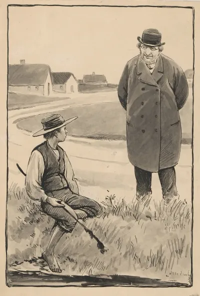 A Barefoot Boy Sits On The Side Of The Road Where A Well Dressed Adult Man Approaches Him