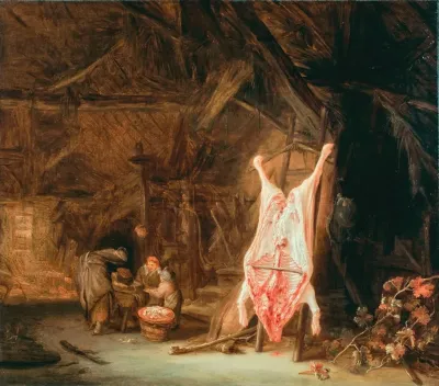 A Barn Interior With A Slaughtered Pig A Woman Preparing Meat And Two Children Beyond