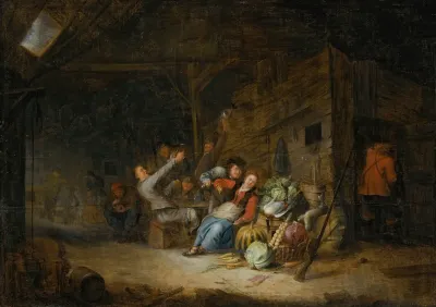 A Barn Interior With Figures Drinking Around A Table
