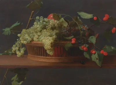 A Basket Of Grapes And Raspberries On A Ledge Oil On Panel